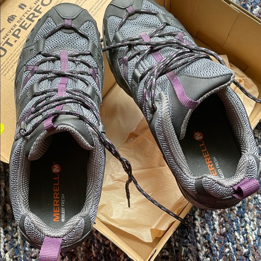 Merrell Gray and Purple Athletic Shoes with Rugged Design
